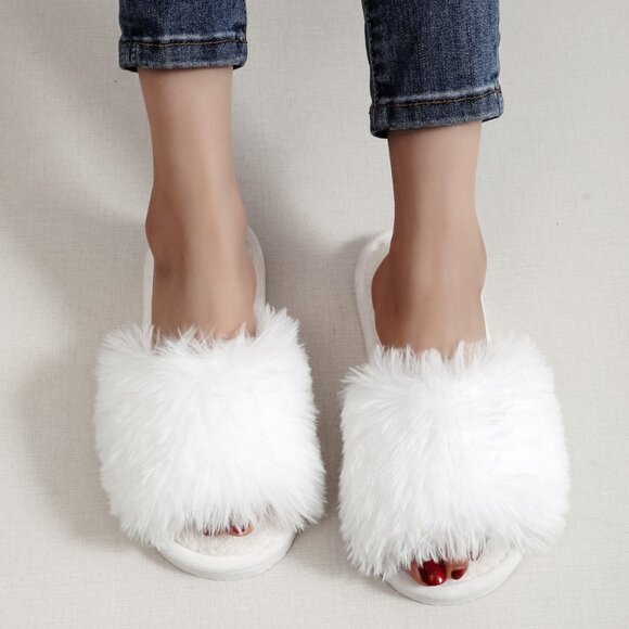2/$30 Fluffy Plush Open Toe White Winter Slippers Slip On Flat Non Slip Women - Picture 4 of 6